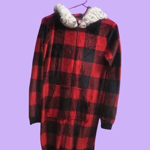 Holiday Time buffalo plaid onesie one piece with hoodie in red and black size XS